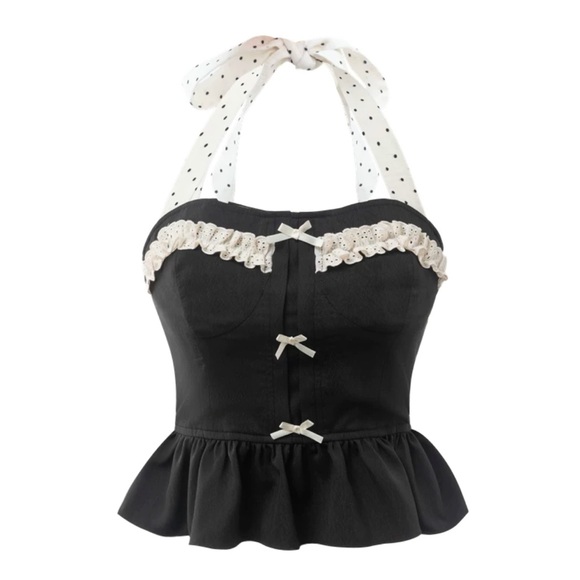 Japanese Black White Polka Dot Halter Ribbon Bow Ruffle Halter Peplum Top